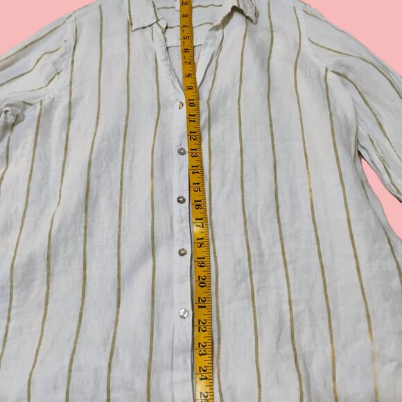 Sigrid Olsen 100% linen striped blouse features long sleeves turn-up sleeves L - Picture 6 of 9